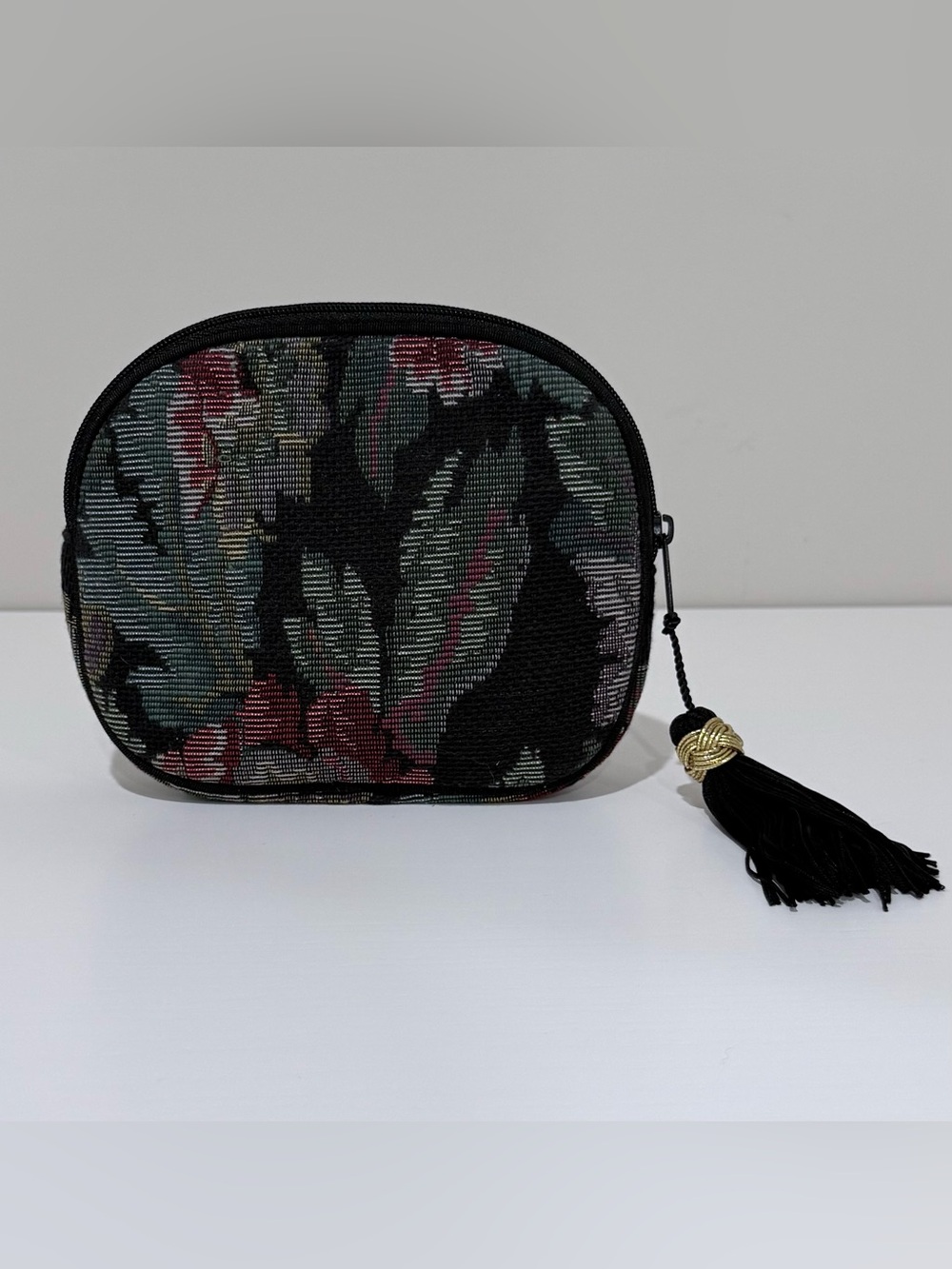 VTG Oscar De La Renta Floral Tapestry Cosmetic Bag w/ Black Tassel